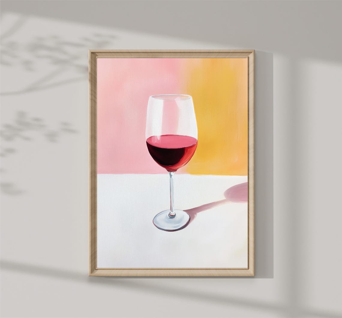 Red Wine Glass Pastel Pink Yellow Minimalist Bar Kitchen Art Print