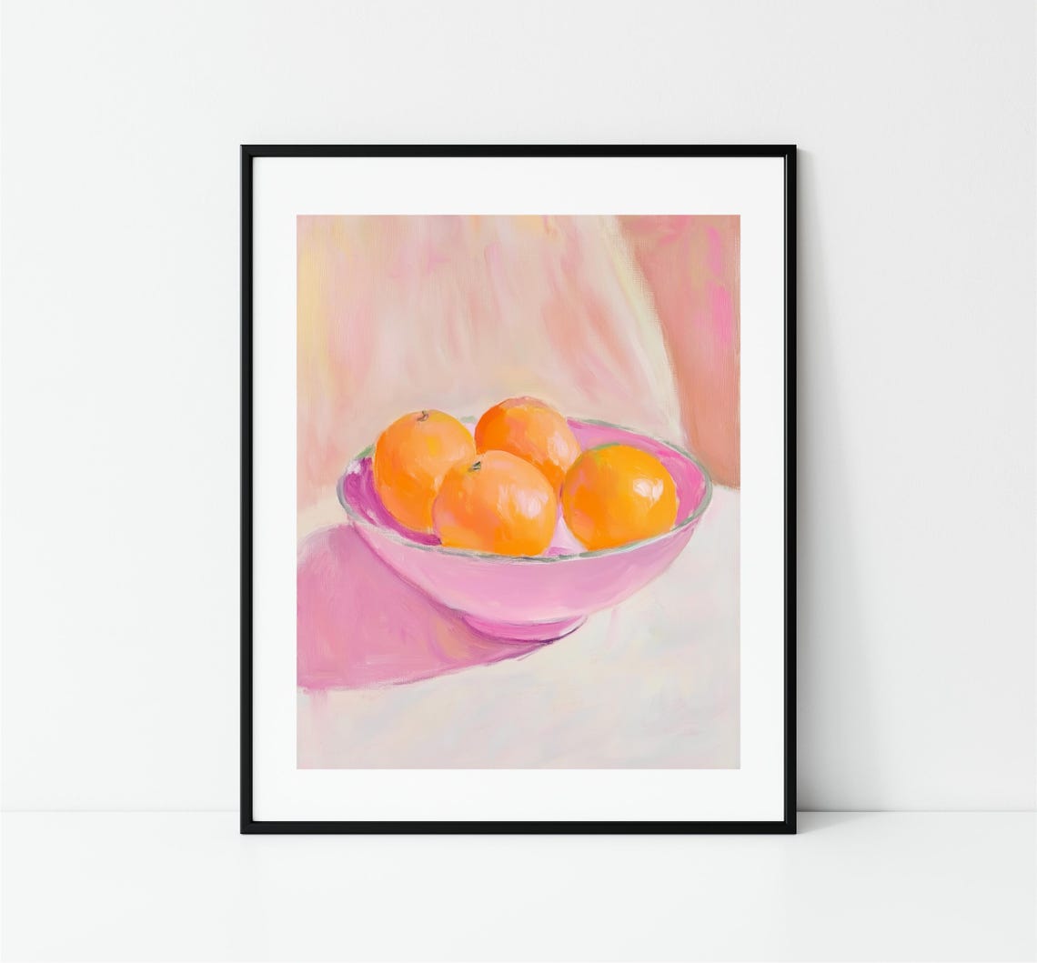 Pastel Oranges In Pink Bowl Sunny Still Life Kitchen Decor Print - Image 3