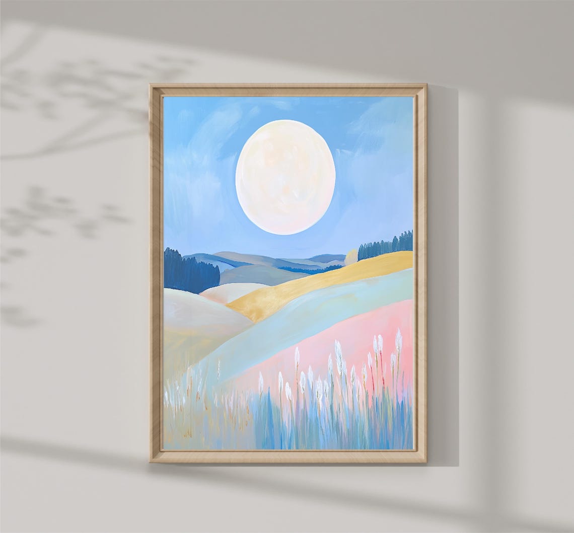 Pastel Rolling Hills Meadow Moonlit Abstract Landscape Art Poster