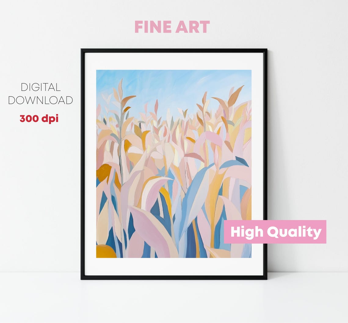 Abstract Pastel Wheat Stalks Blue Sky Modern Botanical Art Print - Image 4