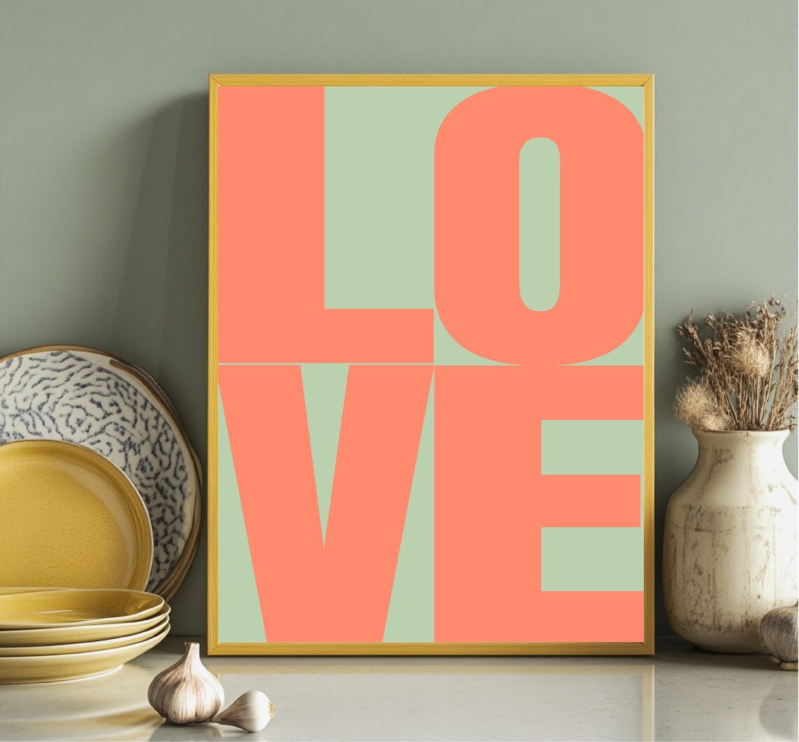 Love Stacked Giant Coral Typography Mint Green Modern Wall Art - Image 3