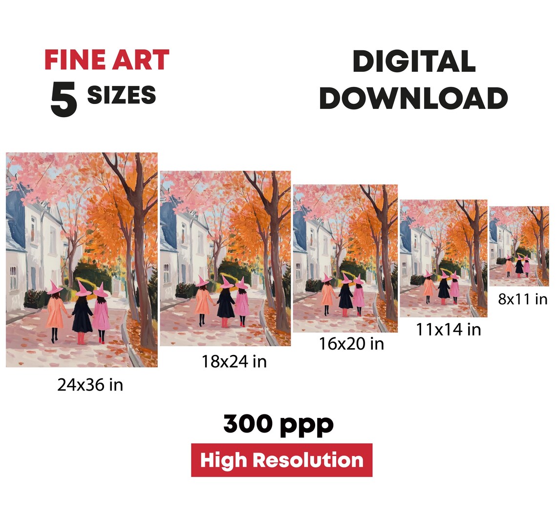 Three Witches Autumn Street Orange Fall Leaves Whimsical Halloween Print - Image 4