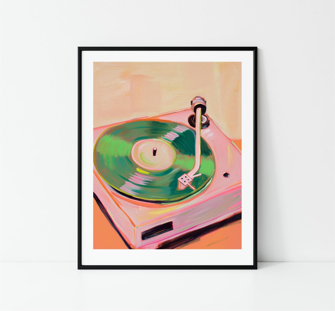 Pink Record Player Green Vinyl Retro Turntable Music Room Art Print - Image 3