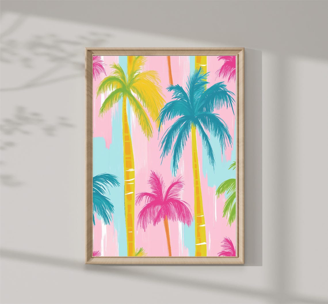 Neon Palm Trees Pink Background Tropical Retro Pop Art Print