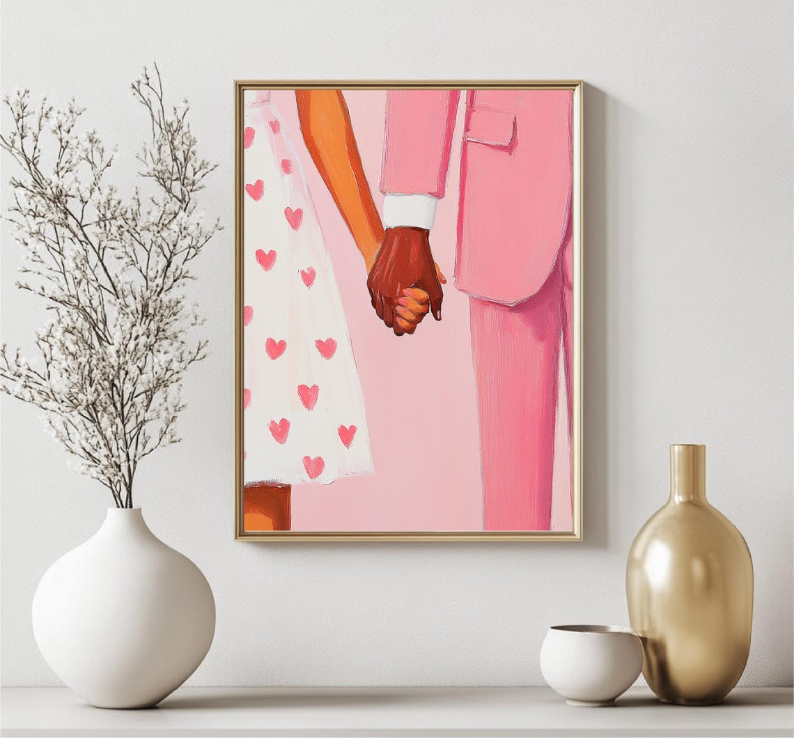 Romantic Couple Holding Hands Pink Hearts Modern Love Wall Art - Image 2