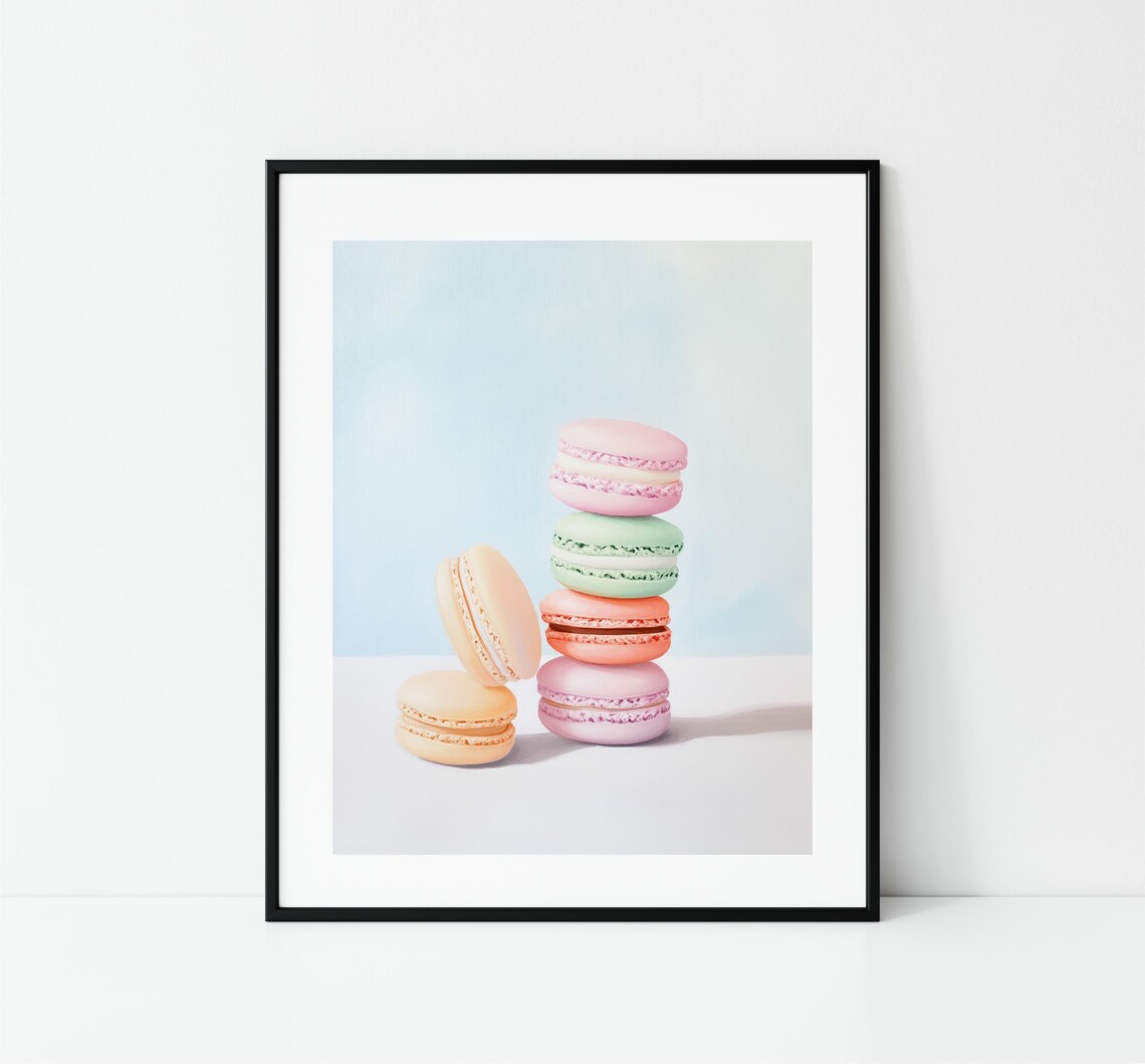 Pastel Macarons Tower Pink Green Peach French Bakery Art Print - Image 3