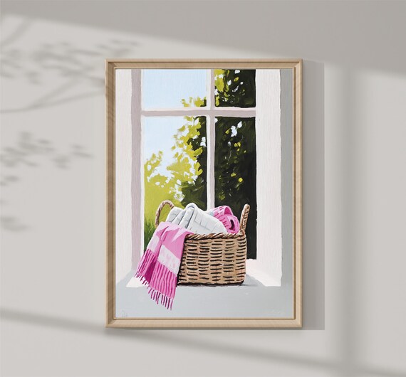 Wicker Basket With Pink Blanket On Window Sill Sunny Home Print