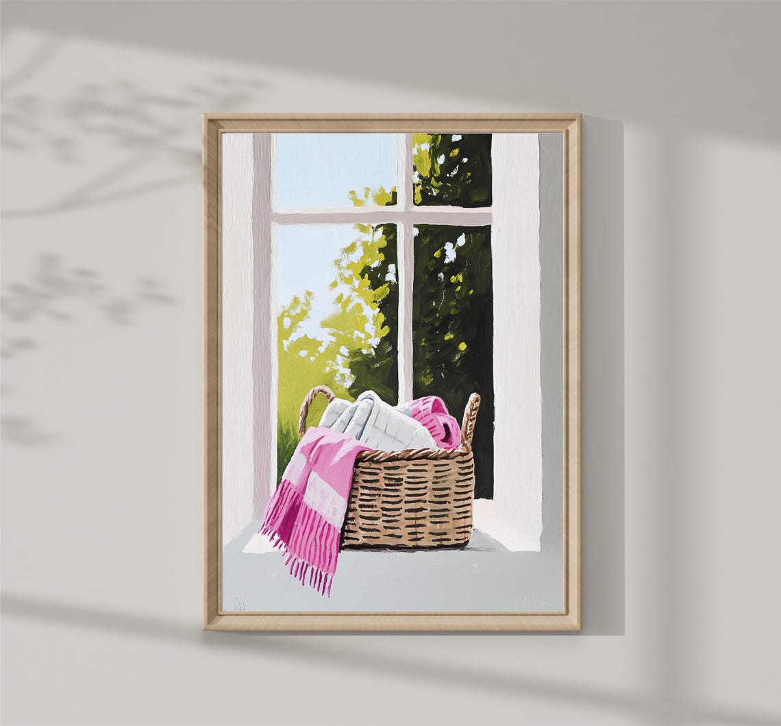 Wicker Basket With Pink Blanket On Window Sill Sunny Home Print