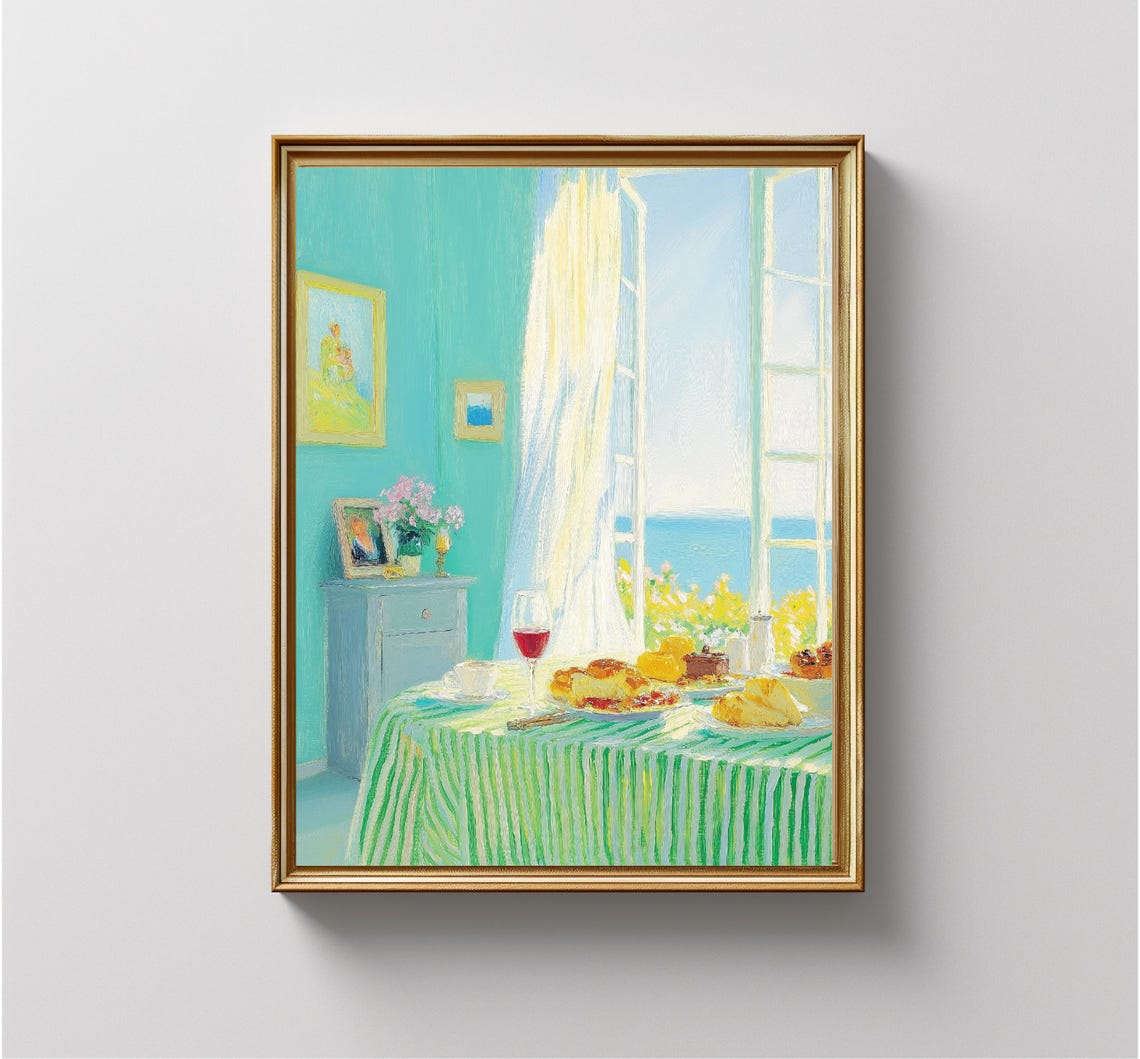 Turquoise Dining Room Sea View Window Sunny Breakfast Table Poster - Image 3