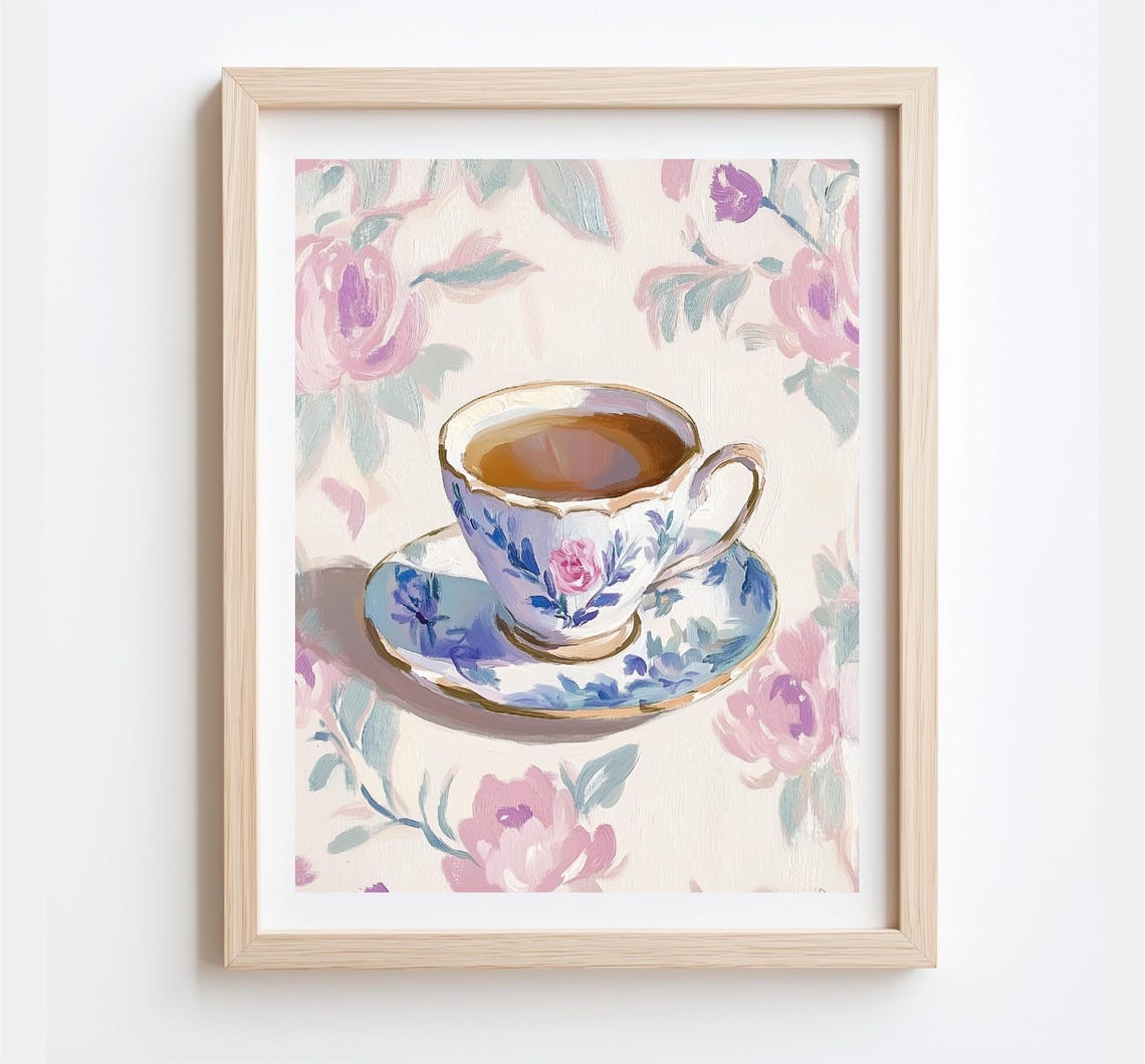 Vintage Floral Teacup With Tea Rose Pattern Kitchen Art Poster - Image 4