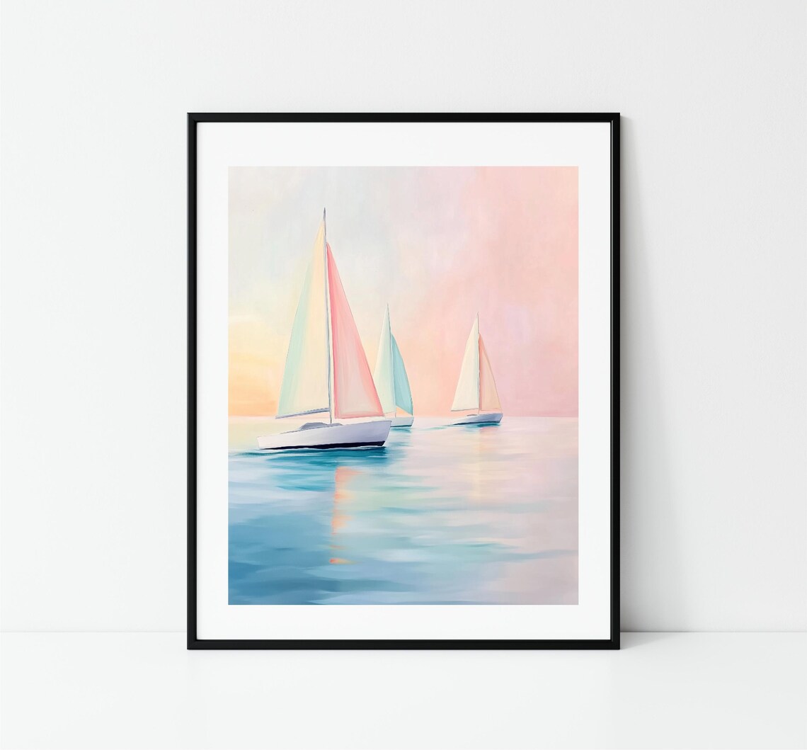 Three Sailboats Calm Pastel Sunset Sea Serene Coastal Sailing Art Print - Image 3