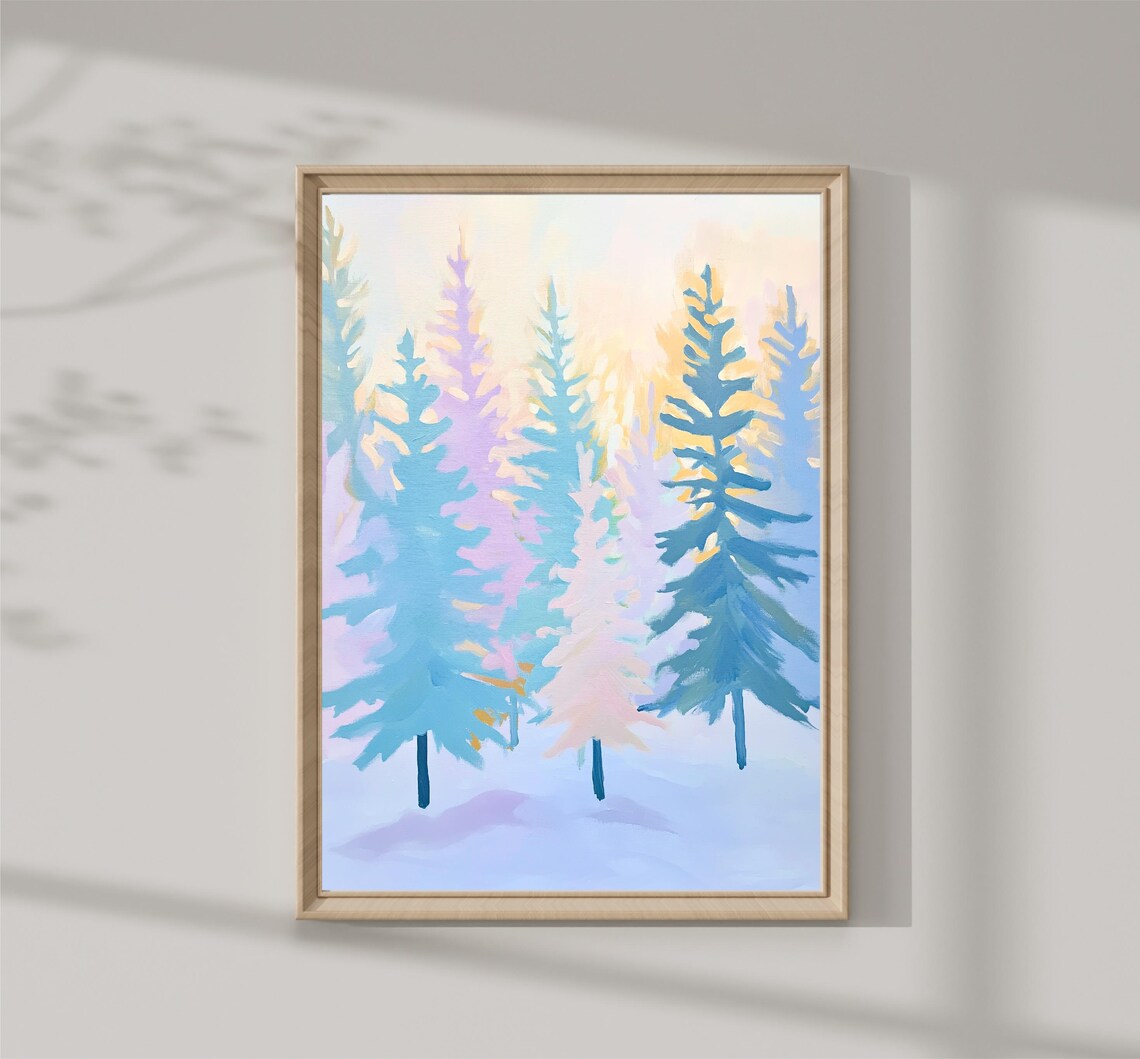 Pastel Winter Pine Forest Snowy Blue Trees Holiday Christmas Wall Art