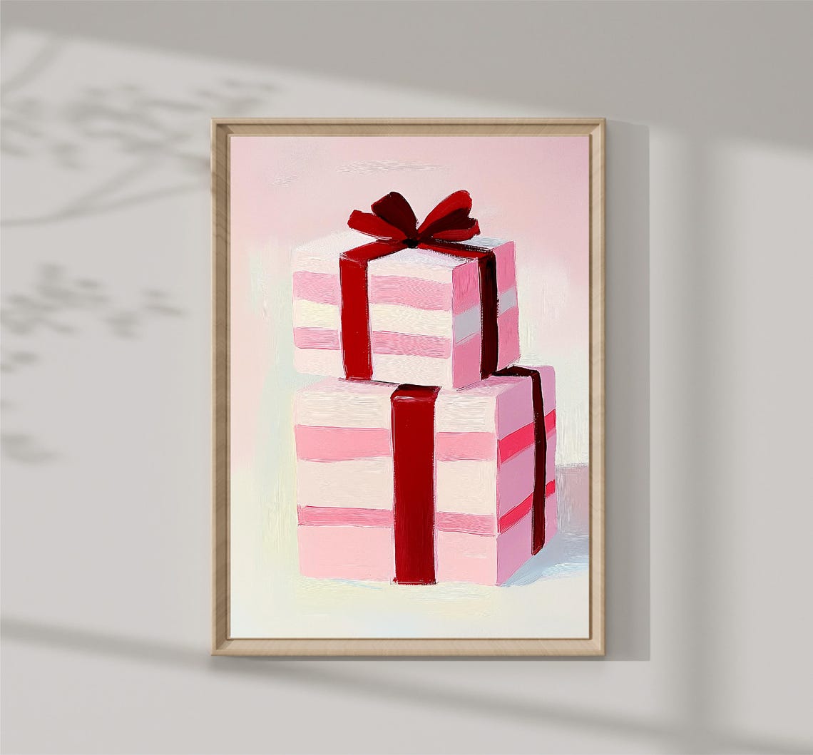 Pink Striped Christmas Gift Boxes With Red Ribbons Holiday Art Poster - Image 3