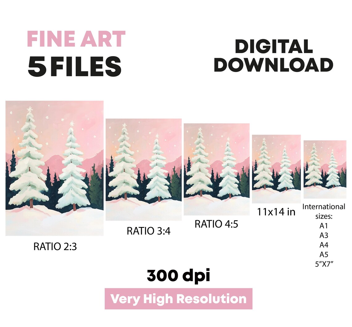 Snowy Pink Christmas Trees With Stars Winter Landscape Art Poster - Image 5