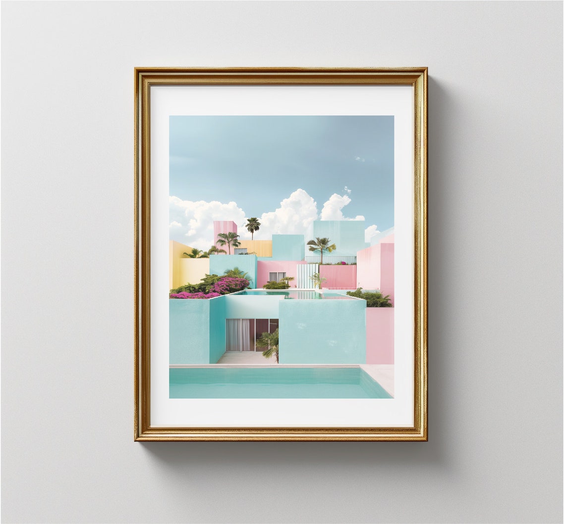 Pastel Modern Architecture Pool Palm Trees Tropical Travel Poster - Image 3