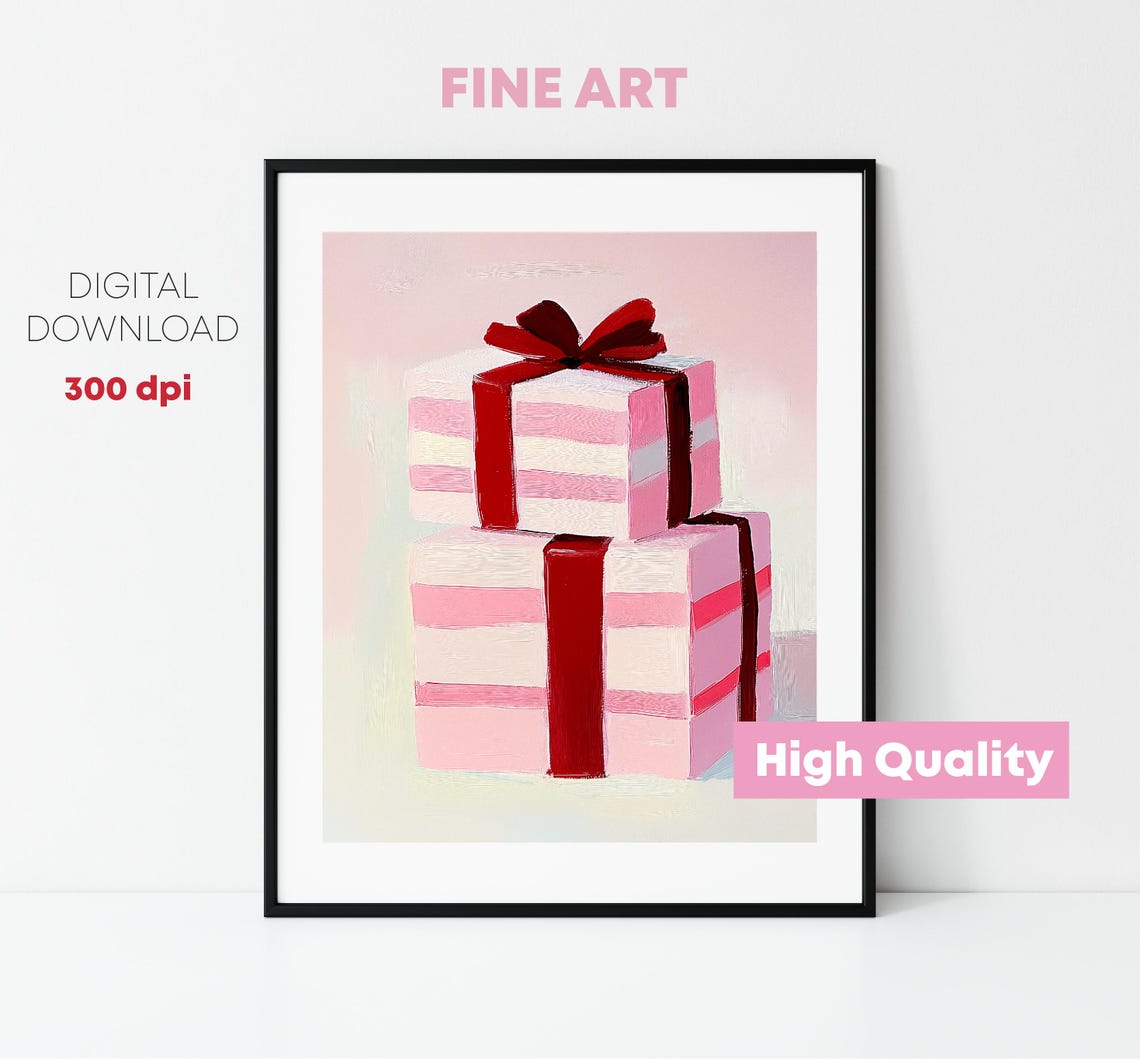 Pink Striped Christmas Gift Boxes With Red Ribbons Holiday Art Poster - Image 2