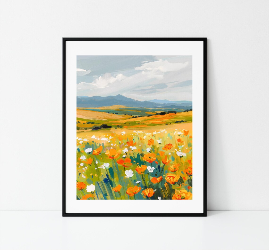 Wildflower Meadow Orange Poppies Mountain View Spring Landscape Poster - Image 3