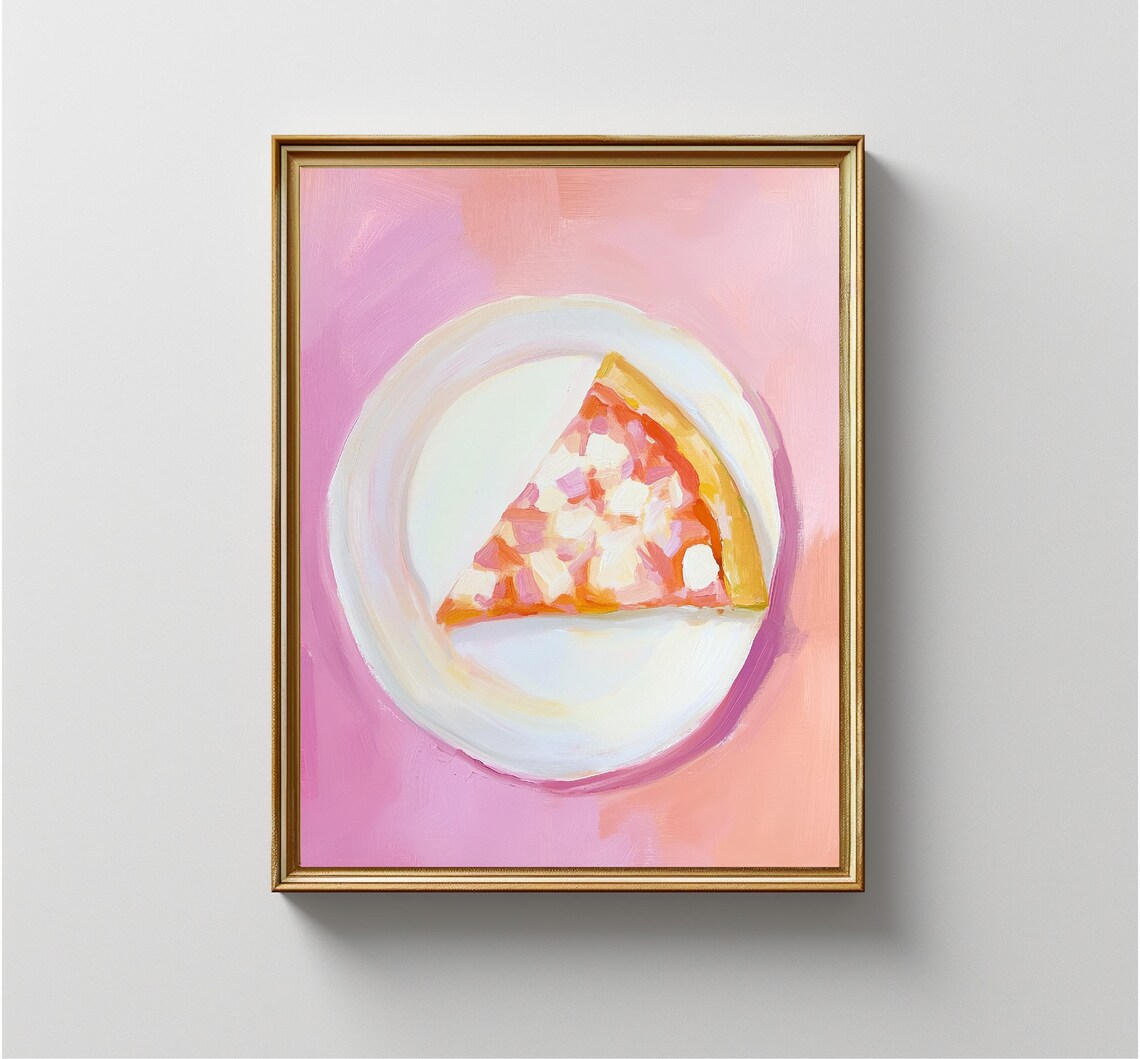 Pizza Slice White Plate Pink Background Playful Food Art Print - Image 4