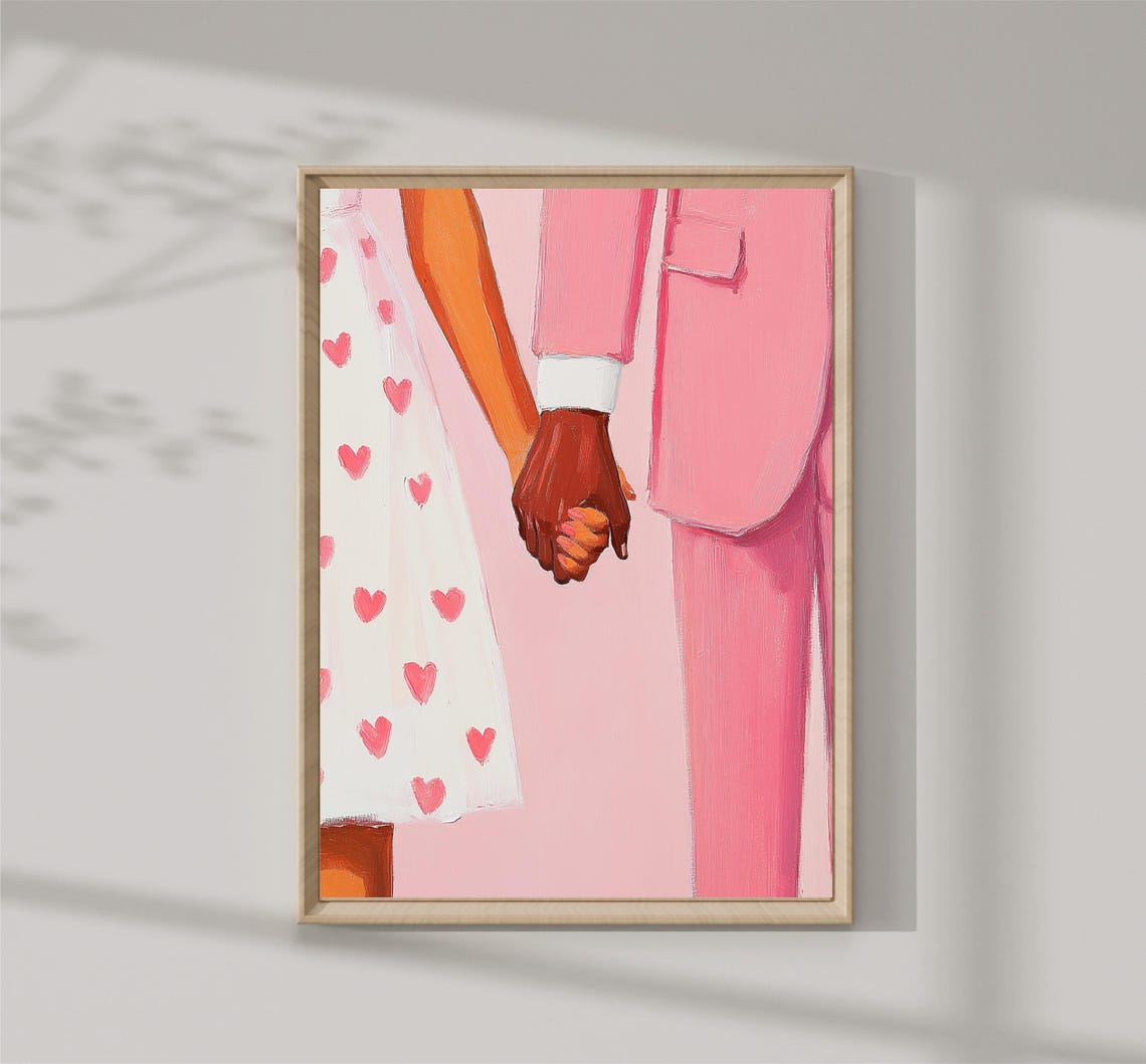 Romantic Couple Holding Hands Pink Hearts Modern Love Wall Art - Image 3