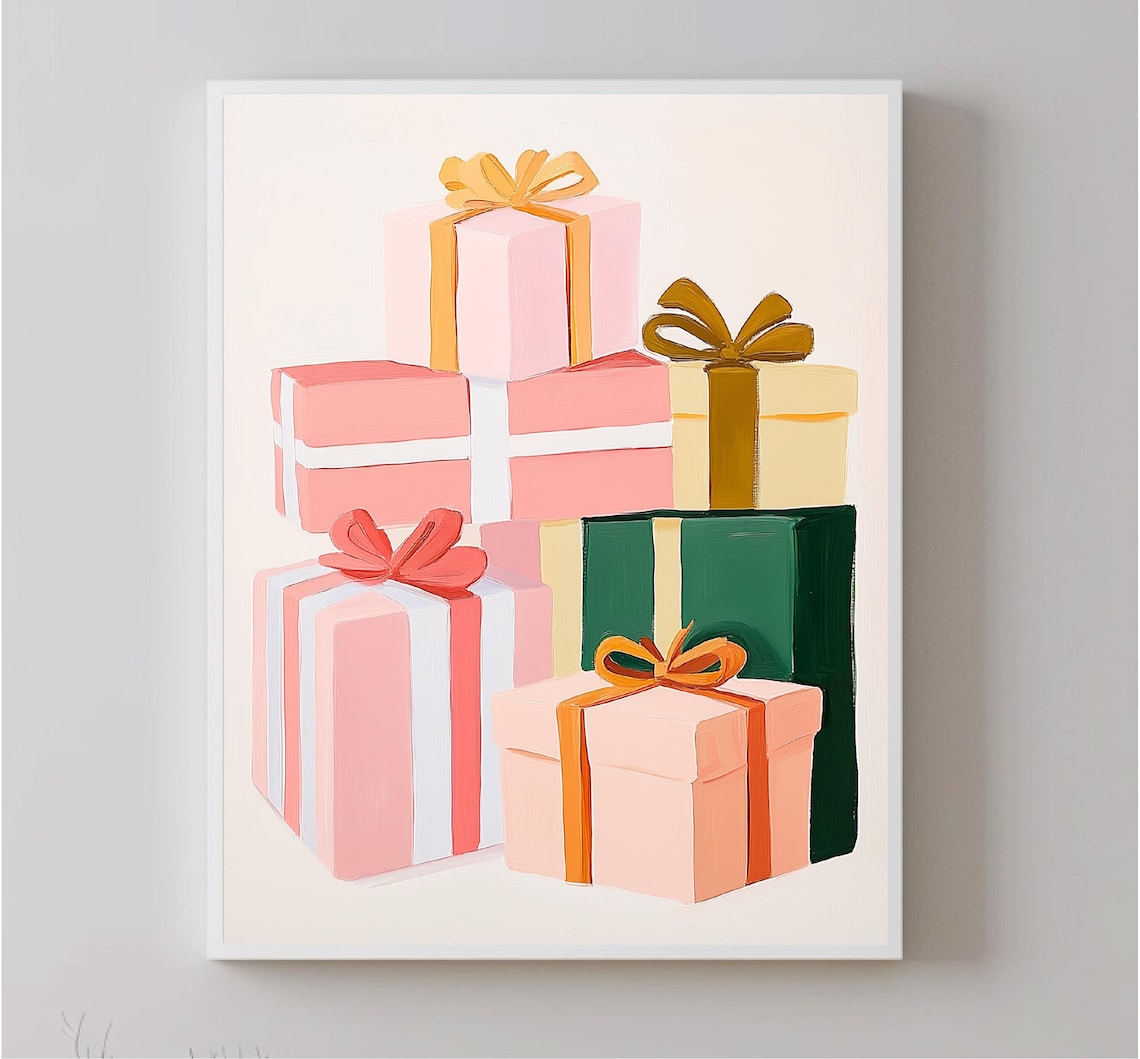 Stacked Pink Christmas Gifts Gold Bows Festive Holiday Decor Poster