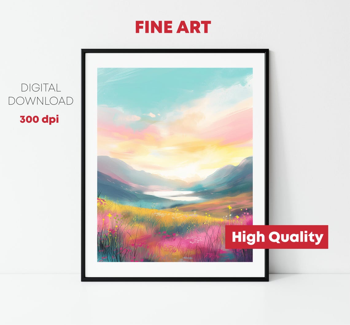Wildflower Meadow Sunrise Mountain Lake Colorful Landscape Art Print - Image 2