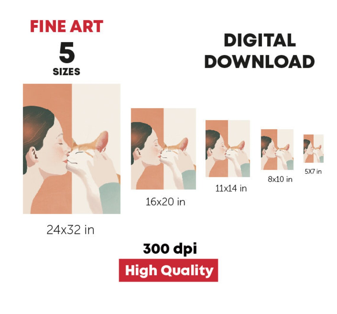 Sweet Tender Woman Kissing Cat Nose Modern Illustration Art Print - Image 2