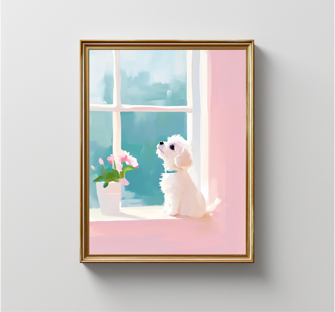 White Puppy Looking Out Window Pastel Nursery Kids Room Art Print - Image 4