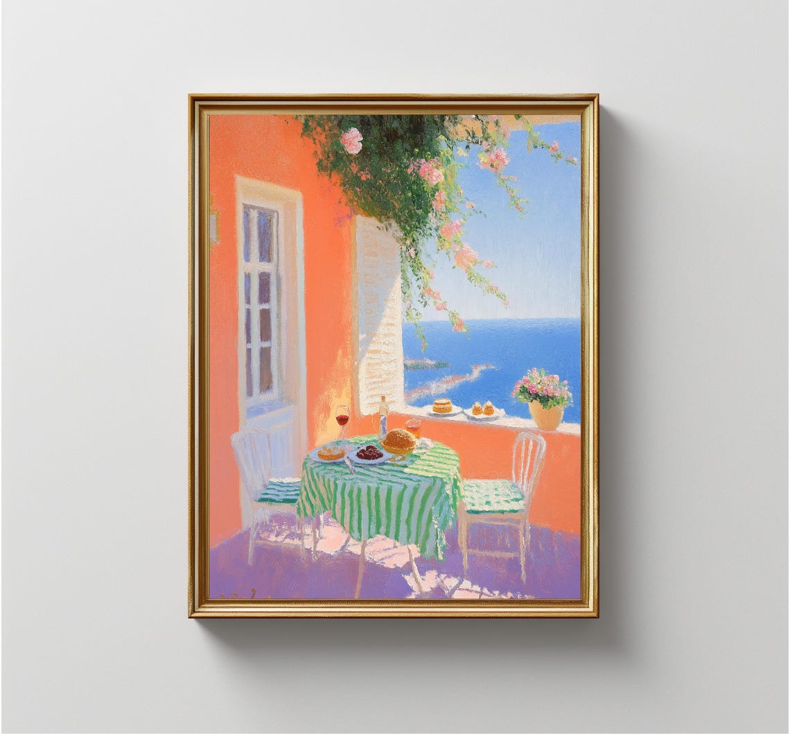 Mediterranean Seaside Terrace Cafe Orange Wall Ocean View Poster - Image 3
