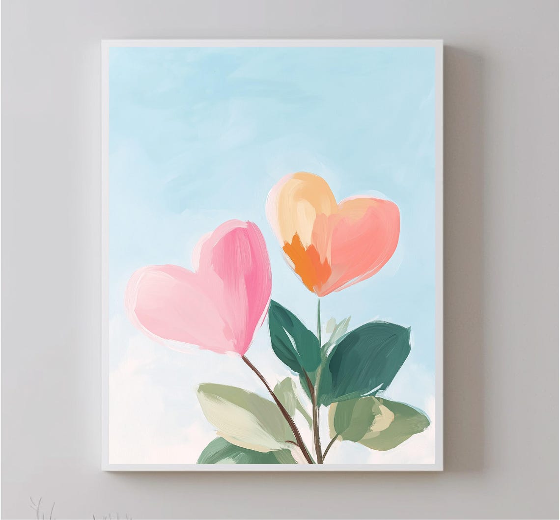 Heart Shaped Flowers Soft Watercolor Pink Blooms Floral Wall Art