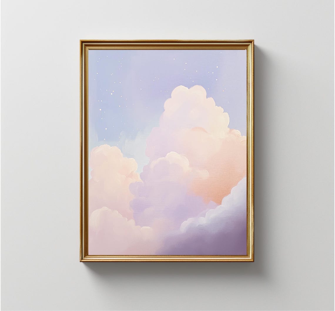 Dreamy Pastel Clouds Stars Lavender Sky Abstract Nursery Art Print - Image 4