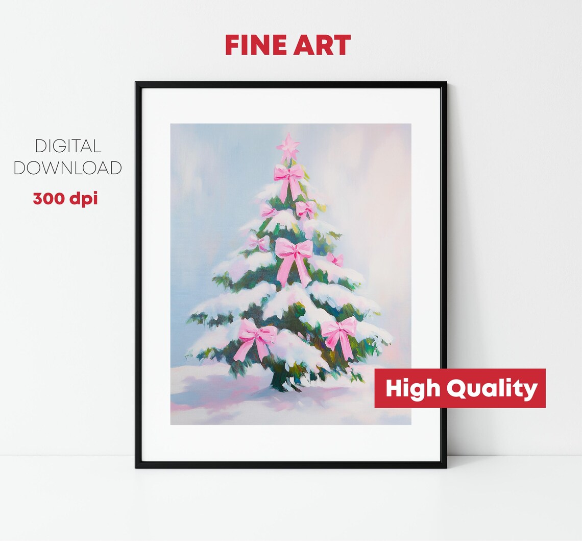 Snowy Christmas Tree Pink Bows Winter Holiday Elegance Art Poster - Image 3