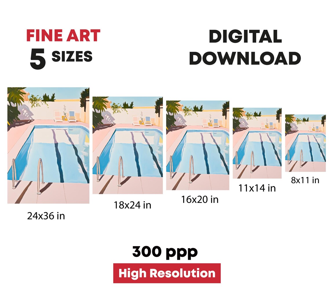 Retro Swimming Pool Pink Deck Blue Water Palm Trees Summer Art Print - Image 4