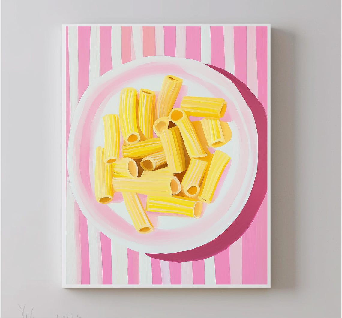 Rigatoni Pasta On Pink Striped Plate Playful Kitchen Food Art Poster