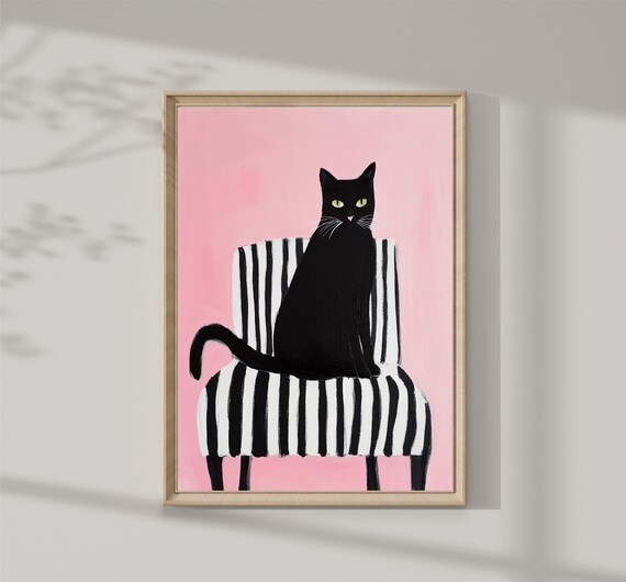 Black Cat On Striped Chair Pink Background Whimsical Cat Poster