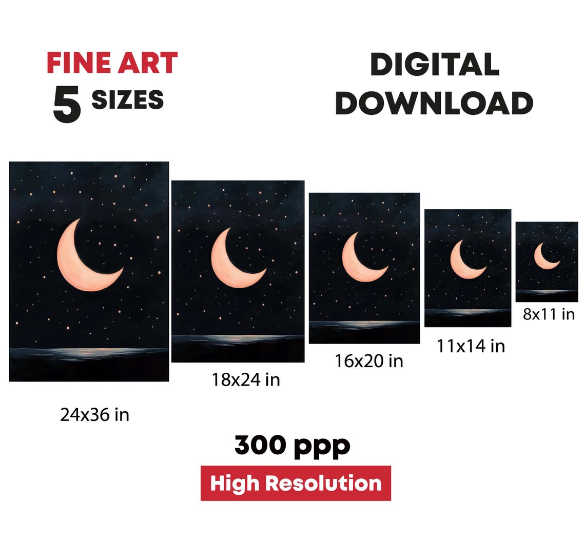 Pink Crescent Moon Starry Night Sky Over Water Celestial Poster - Image 4