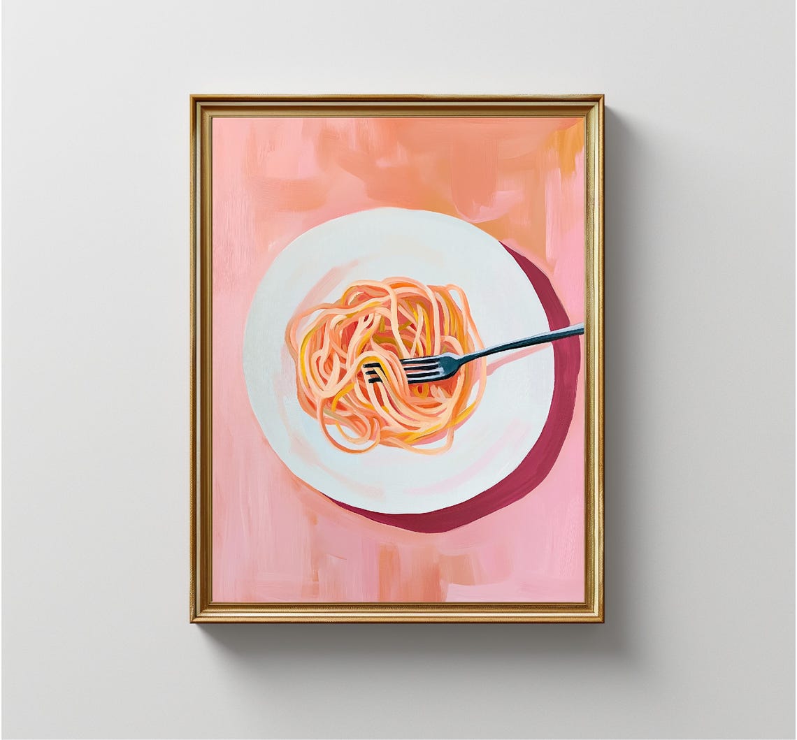 Pink Spaghetti Plate Fork Top Down Food Painting Kitchen Wall Art - Image 3