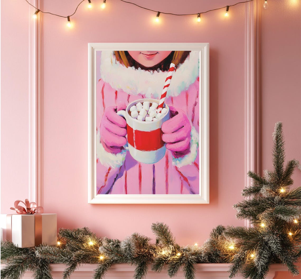 Painting Of Girl With Cup Of Hot Cocoa Colourful Art Christmas Cake Decoration Christmas Cake Pink December - Image 4