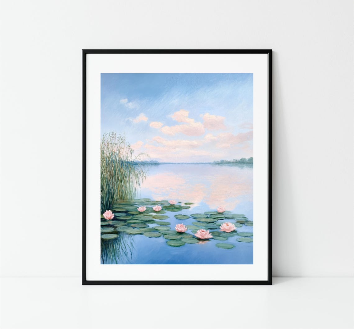 Pink Water Lilies Calm Blue Lake Reflections Tranquil Pond Print - Image 3