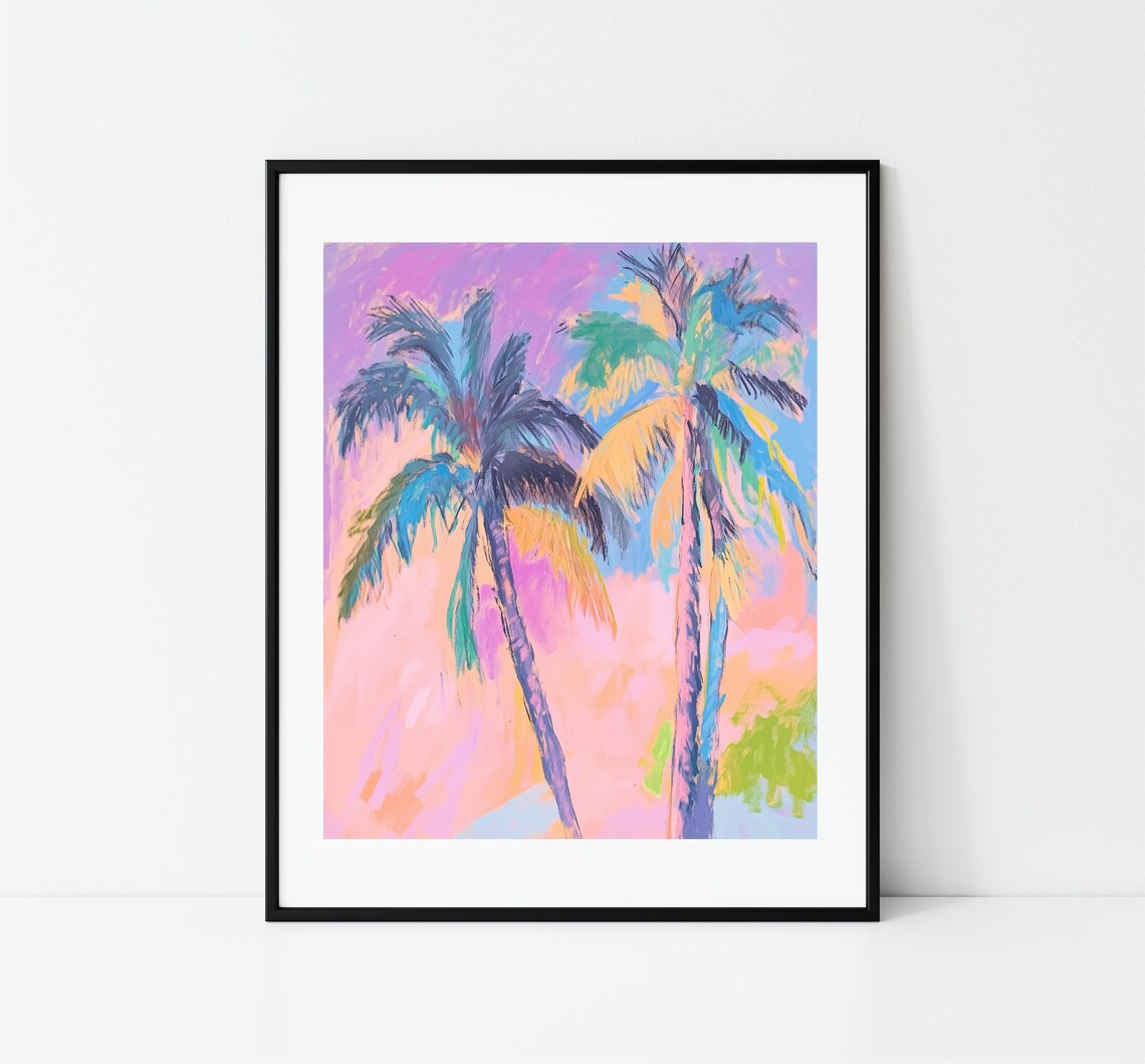 Vibrant Pastel Palm Trees Pink Tropical Sky Summer Coastal Poster - Image 3