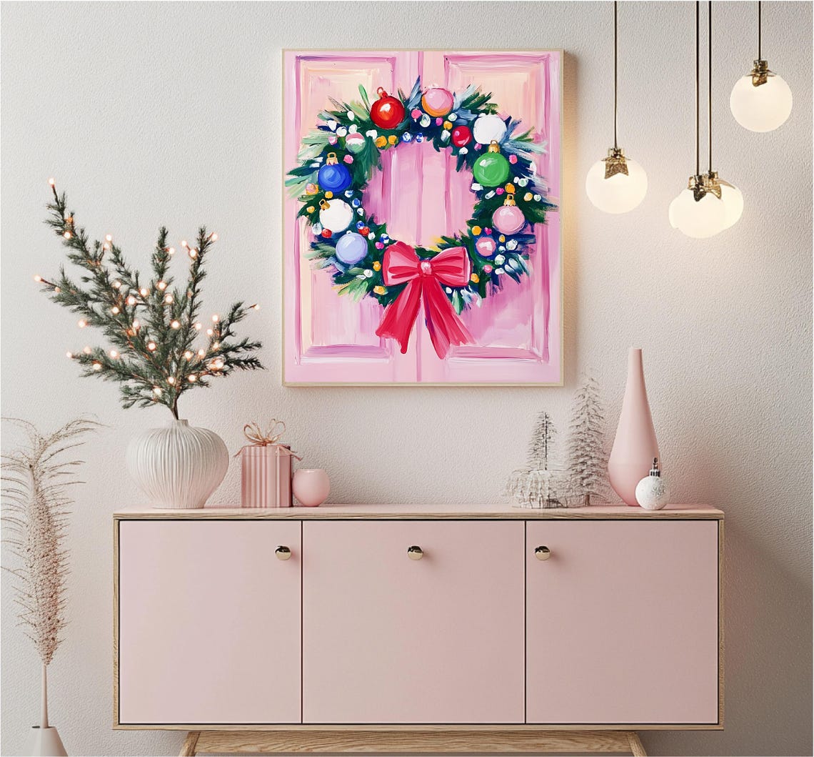 Christmas Wreath Colorful Ornaments Red Bow Pink Door Holiday Print - Image 2