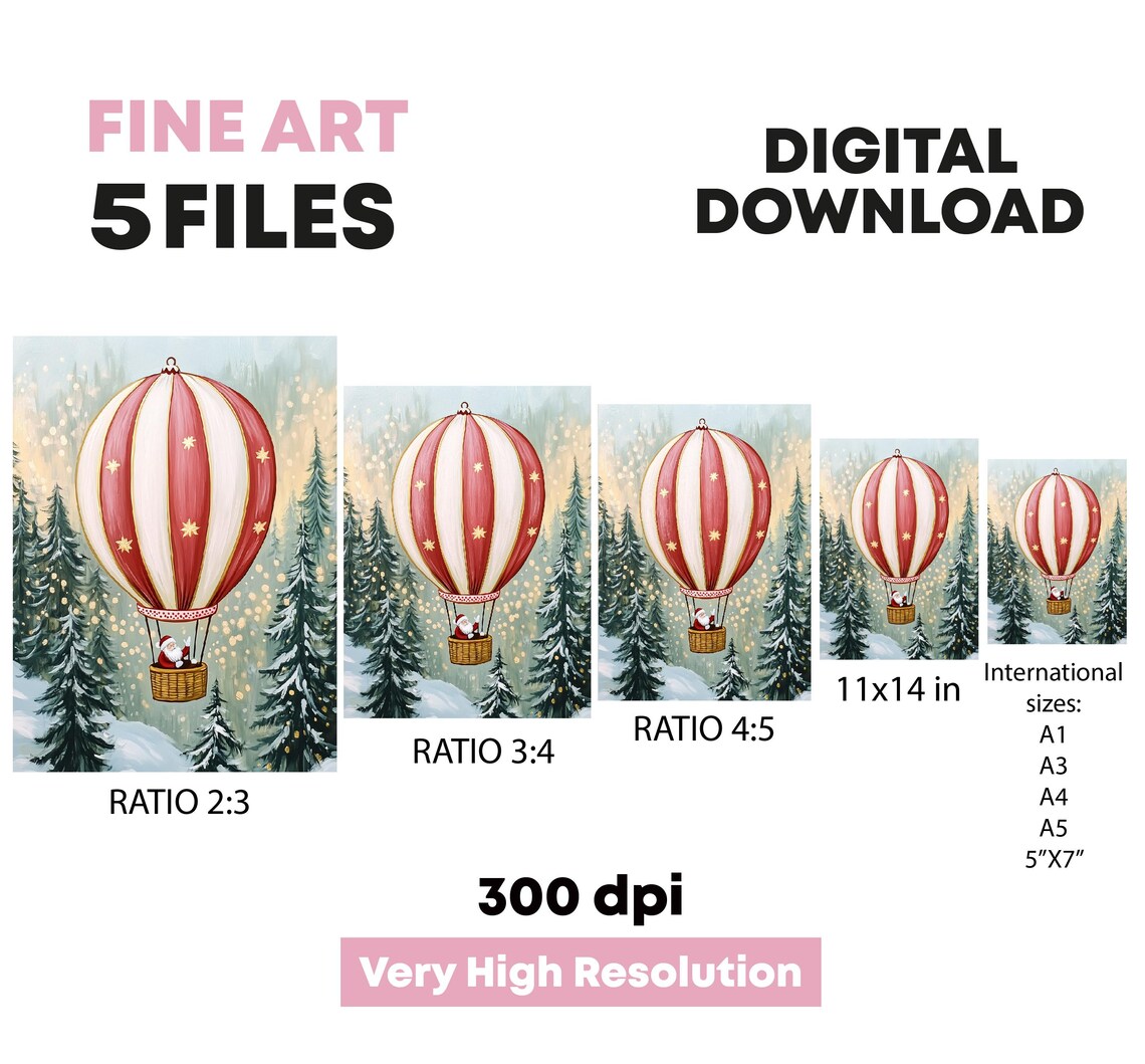 Santa Claus Hot Air Balloon Over Snowy Forest Christmas Art Poster - Image 5
