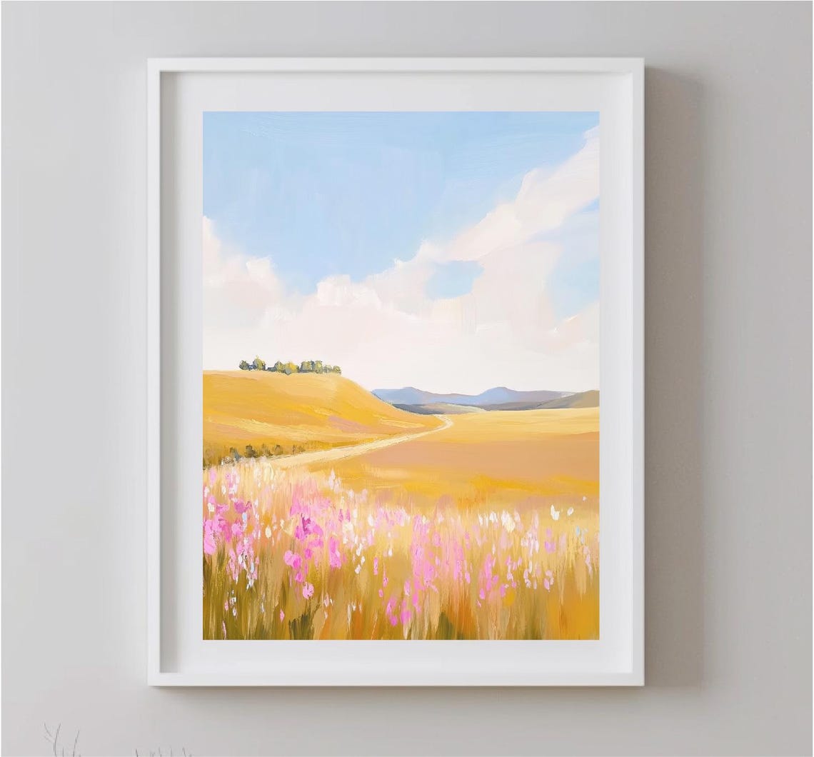 Golden Wheat Field Pink Wildflowers Blue Sky Countryside Poster - Image 4