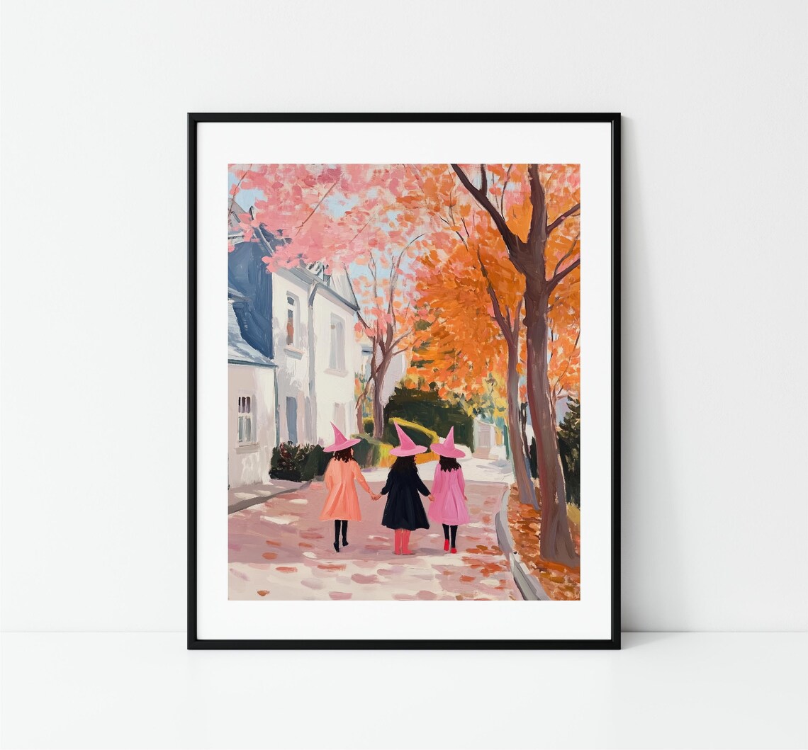 Three Witches Autumn Street Orange Fall Leaves Whimsical Halloween Print - Image 3