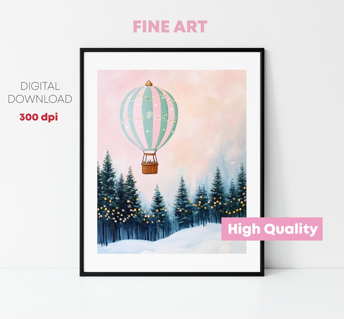 Pastel Hot Air Balloon Over Snowy Forest Pink Sky Holiday Poster - Image 3
