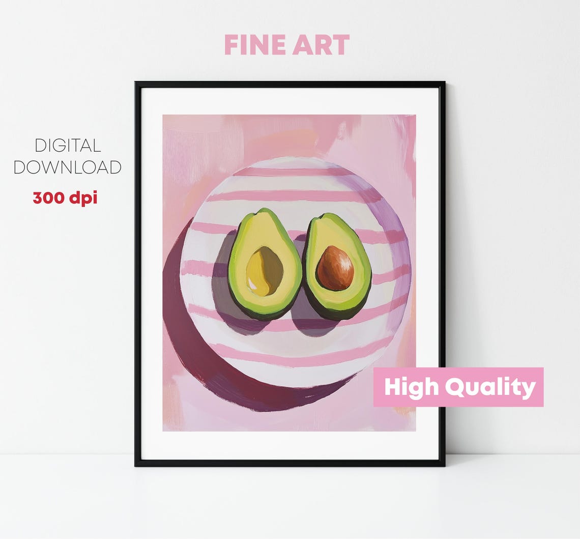 Fresh Avocado Halves Painting Pink Striped Plate Kitchen Wall Art - Image 4