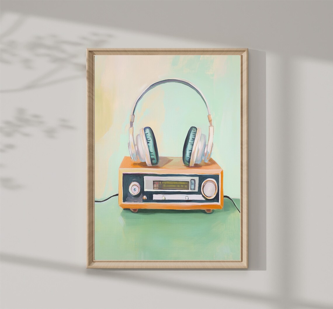 Retro Headphones On Orange Vintage Stereo Receiver Pastel Music Poster