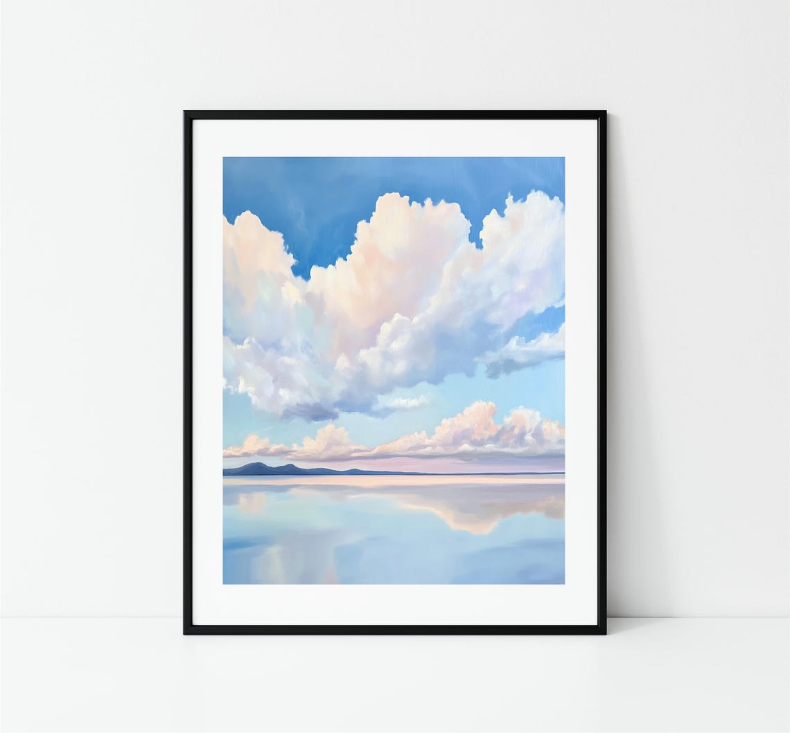 Fluffy Cumulus Clouds Over Calm Blue Water Sky Reflection Poster - Image 3