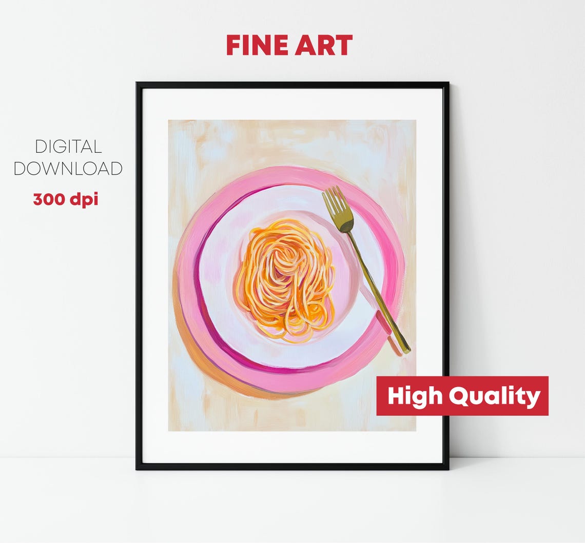 Spaghetti Pasta Nest Pink Plate Fork Pastel Italian Food Art Print - Image 2