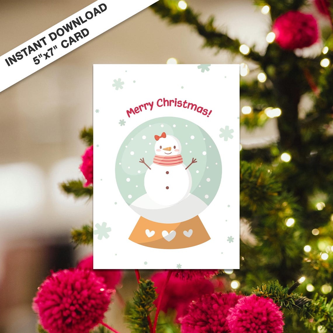 Snowman Snow Globe Merry Christmas Card Instant Download Poster