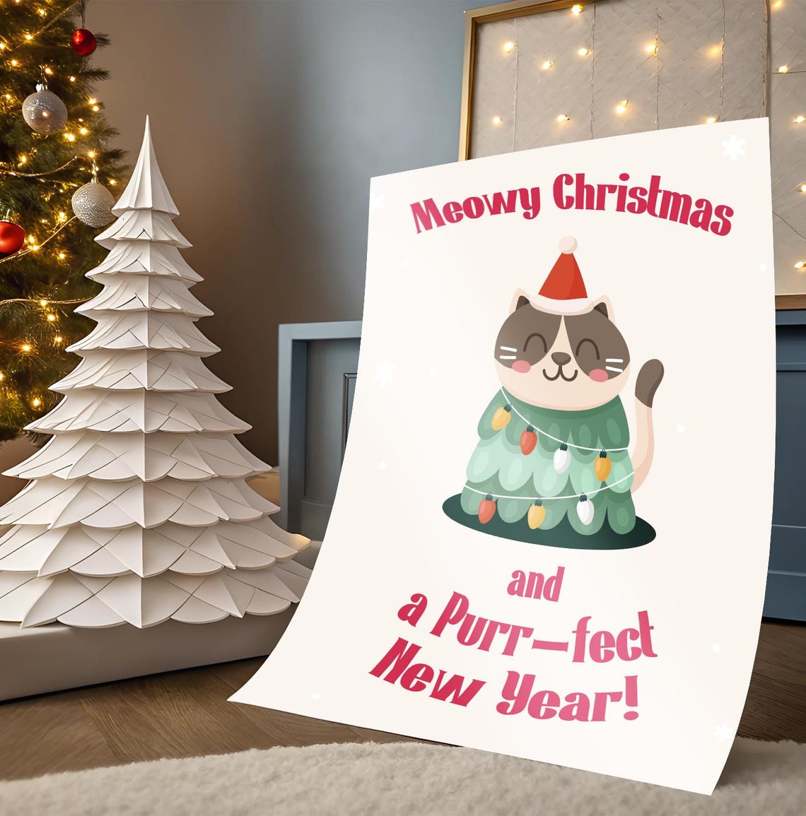 Meowy Christmas Cat Dressed As Christmas Tree Pun Art Poster - Image 2